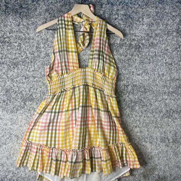 Aerie Dresses & Skirts - Aerie Dress Womens Large Yellow Pink Plaid Ruffle Smocked Halter Sundress New